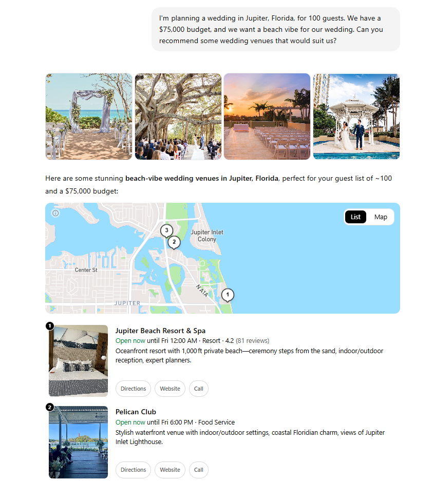 A search query from ChatGPT about venues for a beach wedding with a $75,000 budget, and results showing photos and a map
