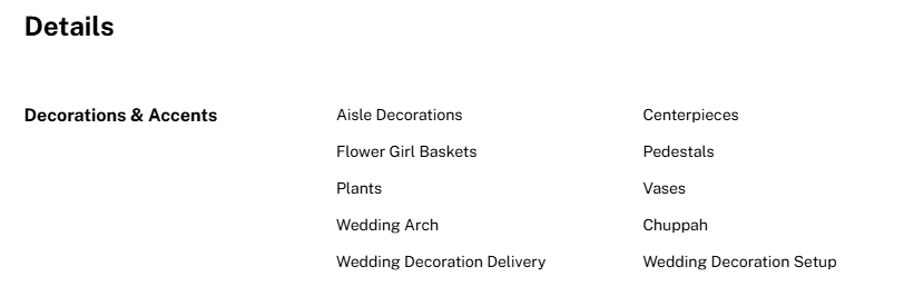A screenshot of service offerings for a floral business listed on TheKnot.com