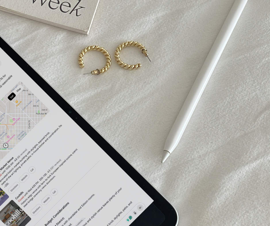 A journal, a pair of earrings, and an iPad showing ChatGPT search results.