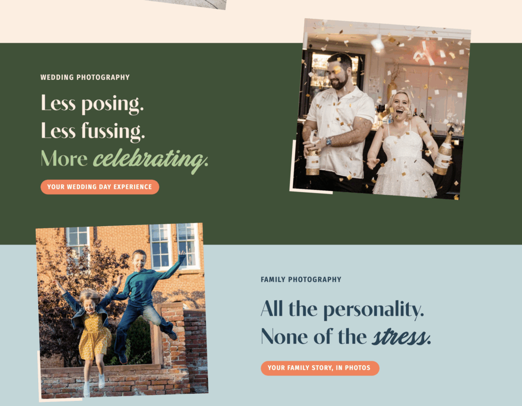 A screenshot of the homepage on a wedding and family photographer's website.