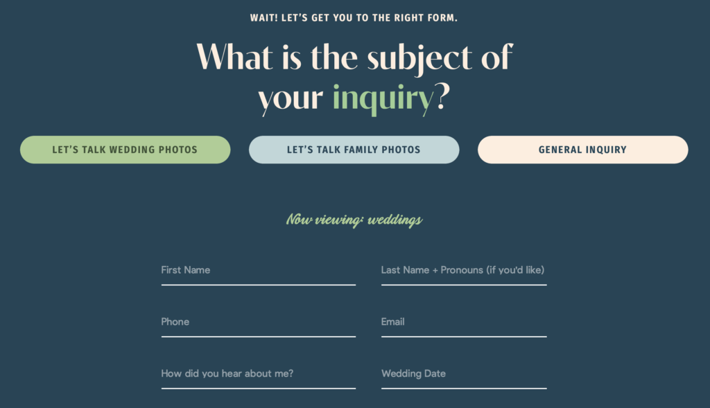 A screenshot of a contact form with toggle on a wedding photographer's website.