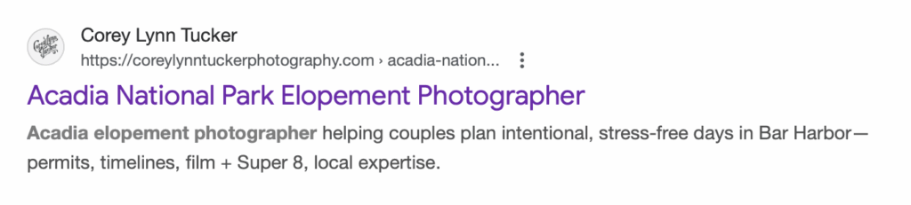 A screenshot of a Google search results page for an elopement photographer.