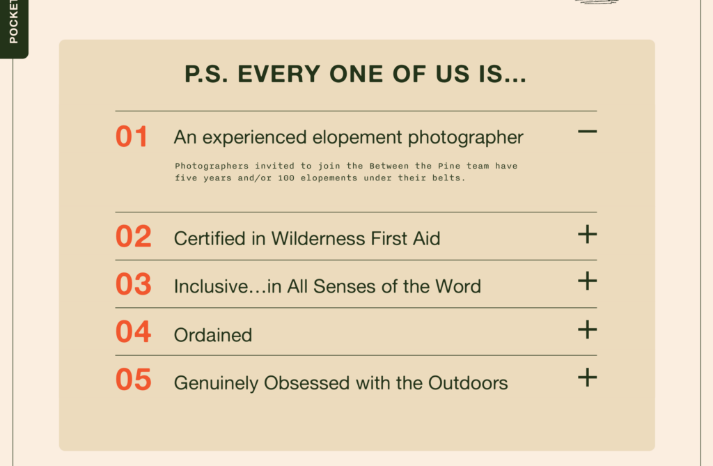 A screenshot of expandable homepage copy from the Between the Pine website that describes their photographers' qualifications.