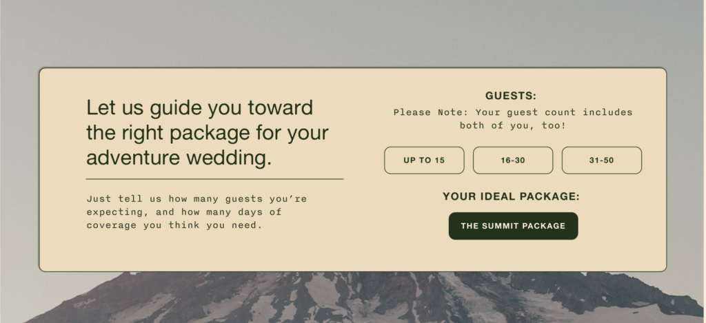 A screenshot of the pricing calculator from the Between the Pine website.
