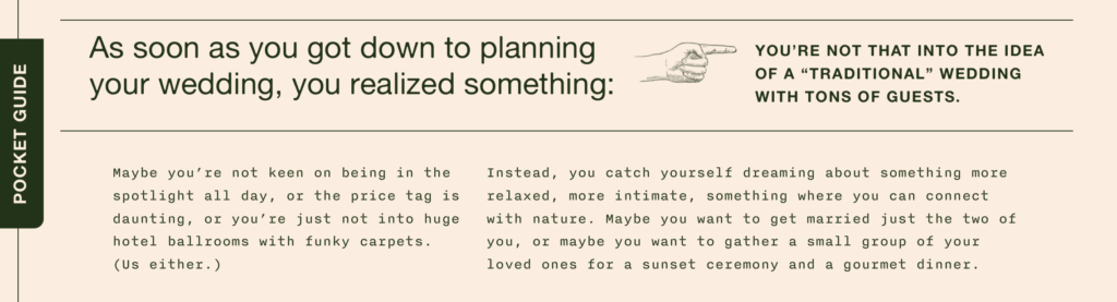 A screenshot of Between the Pine homepage copy on why couples choose to have an adventure elopement, from pricing to family dynamics.