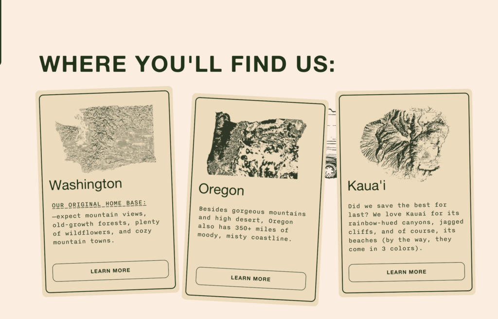 A screenshot showing snippets of information about the landscapes in Washington, Oregon, and Kaua'i, where Between the Pine photographs elopements.